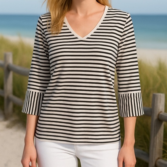 White + Warren striped v neck cotton top 3/4 sleeves nautical preppy Size L - Picture 1 of 7